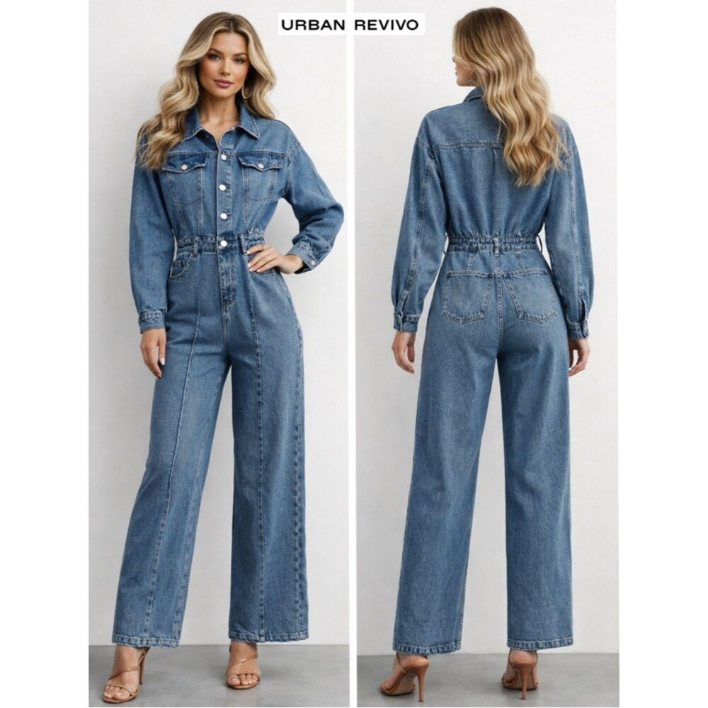 Urban Revivo Denim Jumpsuit XS Wide Leg Boiler Suit Blue Utility Cinched Waist